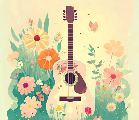 Guitar in the meadow with flowers. Vector illustration.の素材