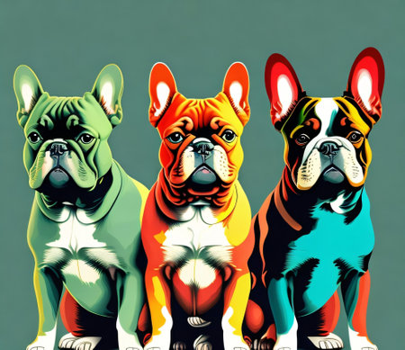 Three french bulldog in a row on a gray background. Vector illustrationの素材