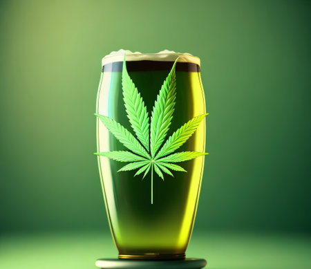 Glass of cannabis beer with cannabis leaf on green background. 3d illustrationの素材