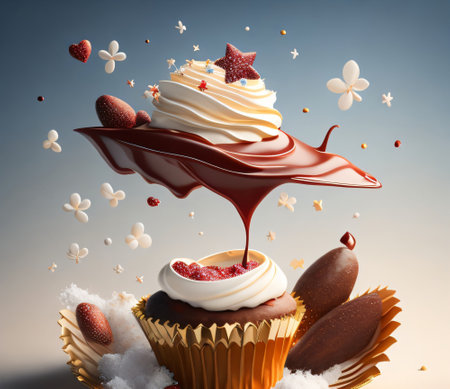 Birthday cupcake with flying berries and chocolate. 3d renderingの素材