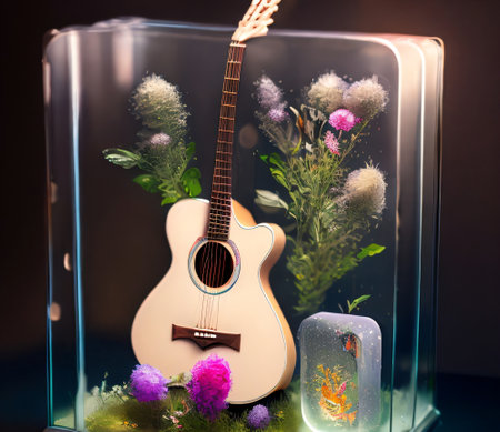 guitar in a glass florarium with flowers and plantsの素材