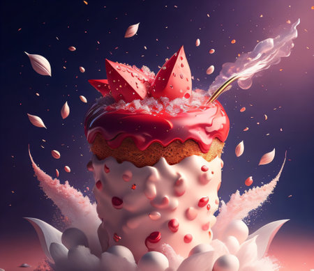 Birthday cake with strawberry and cream, 3d rendering. Computer digital drawing.の素材