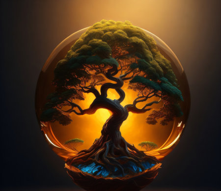 Fantasy tree in a glass sphere. 3d rendering, 3d illustration.の素材