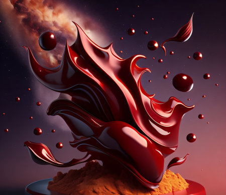 3d illustration of a chocolate splash with some red and black dropsの素材