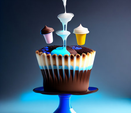 Chocolate cake with ice cream on blue background. 3d renderingの素材