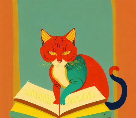 illustration of a red cat reading a book on a colorful backgroundの素材