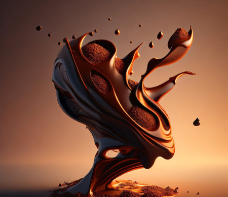 3D illustration of a chocolate splash with chocolate on a brown background.の素材