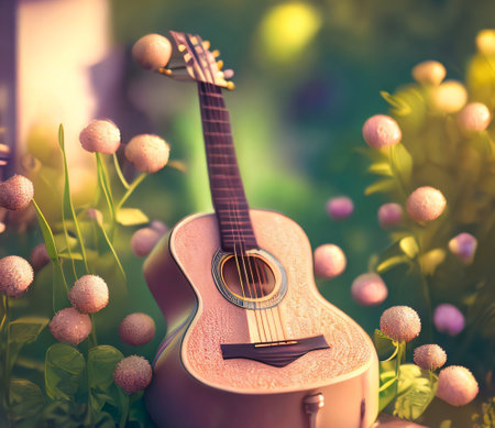 Guitar in the garden. Photo in old color image style.の素材