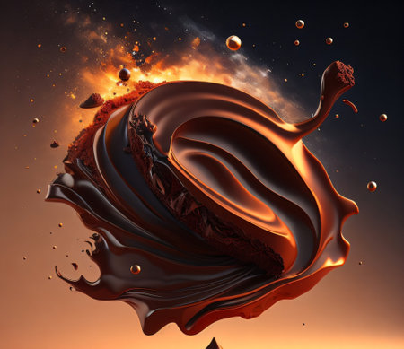 3d rendering of chocolate swirl with smoke and flames on dark backgroundの素材