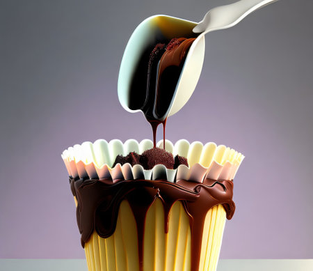 3D illustration of a cupcake being poured into a cup of coffeeの素材