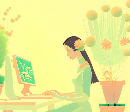 Young woman working at the computer in the garden.  illustration.の素材