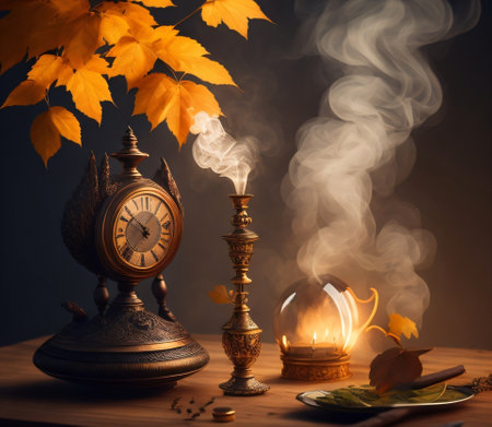 Vintage still life with antique clock and autumn leaves on dark backgroundの素材