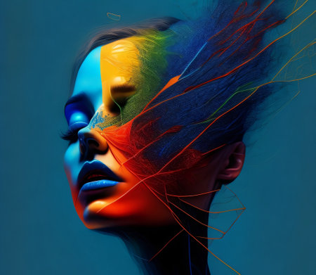 3D rendering of a female face with hair flowing in the windの素材