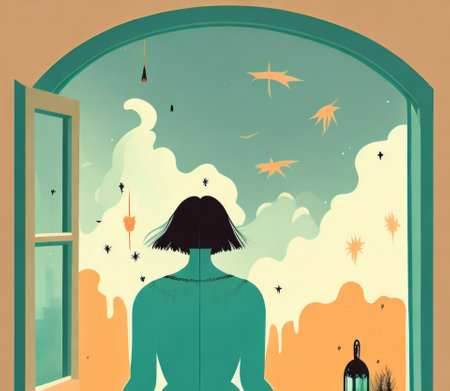 Illustration of a girl looking out the window at the birds flying awayの素材