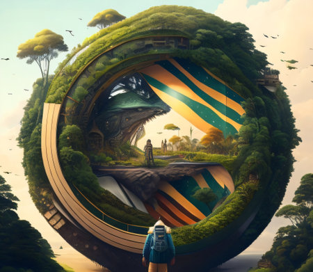 3D rendering of a little planet with a boy in a green jacketの素材