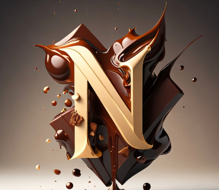 3d render of chocolate syrup letter N. 3d chocolate font with chocolate splash.の素材