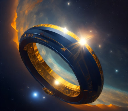 Wedding ring in space with fire and stars. 3D renderingの素材