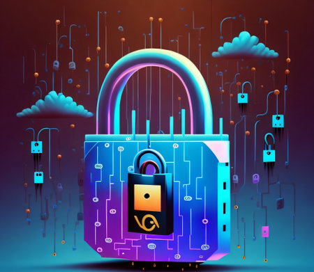 Vector illustration of padlock on digital background. Cyber security concept.の素材