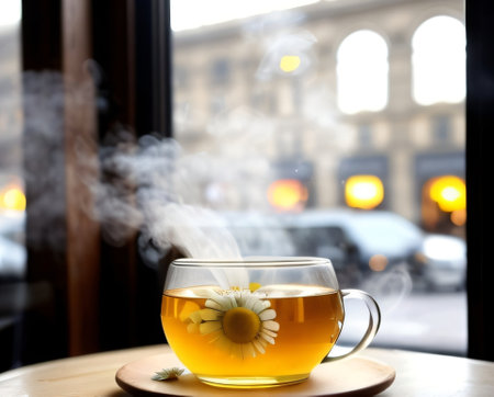 Cup of tea with chamomile on table in cafeの素材
