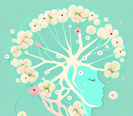 Woman head with tree made of flowers and leaves, vector illustration.の素材