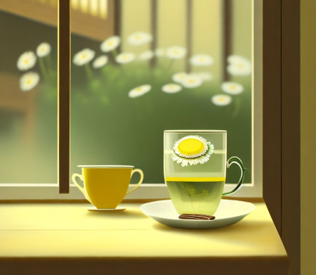 Cup of tea and saucer on the windowsill. 3d renderの素材