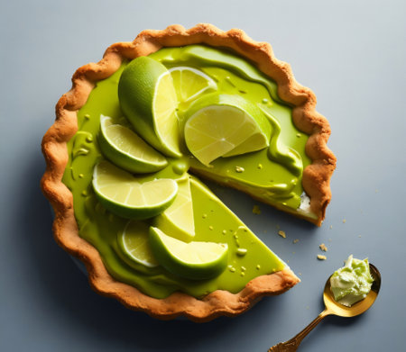 Lemon tart with whipped cream and lime on grey background, top viewの素材