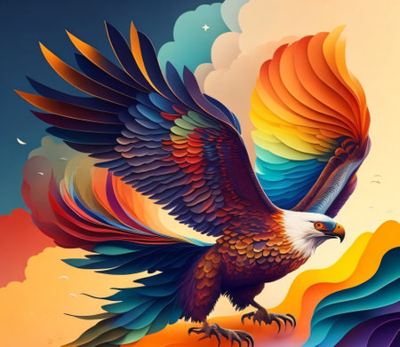 Eagle on the background of colorful waves. 3d illustration.の素材