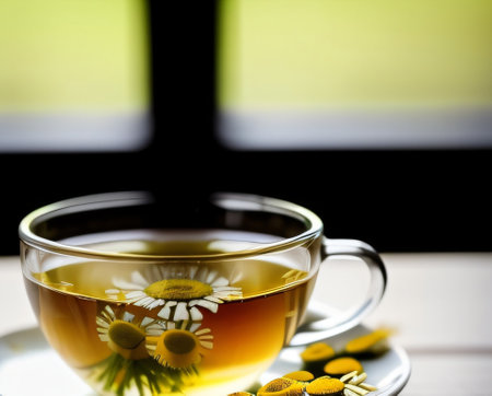 Cup of chamomile tea on wooden table near windowの素材