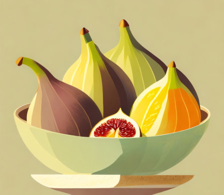 Illustration of fresh figs in a bowl, vector illustration.の素材
