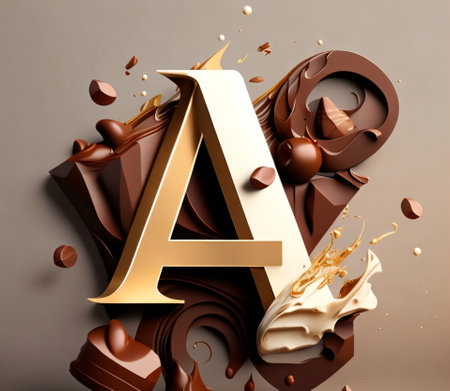 3d render of chocolate letter A with splashes and chocolate cream.の素材