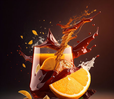 Splash of juice from orange into a glass on a dark backgroundの素材