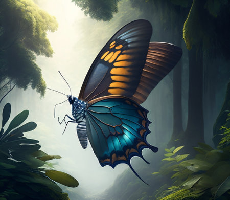 Butterfly in the jungle. 3D rendering. Computer digital drawing.の素材