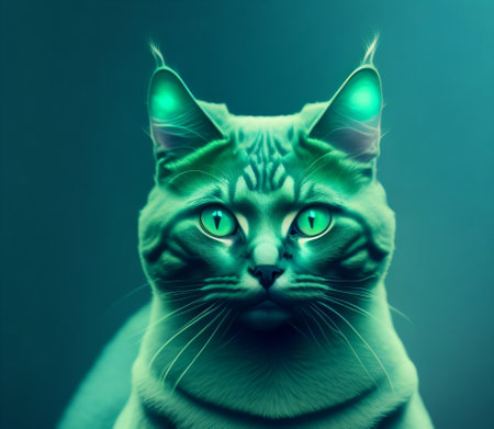 Portrait of a cat with green eyes on a blue background.の素材