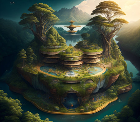 Fantasy fantasy landscape with pond and mountains. 3d illustration.の素材