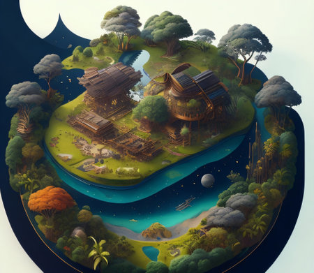 3D render of a fantasy planet with a wooden house on topの素材