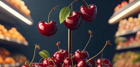 Red cherries in a supermarket shelf. 3d rendering, 3d illustration.の素材