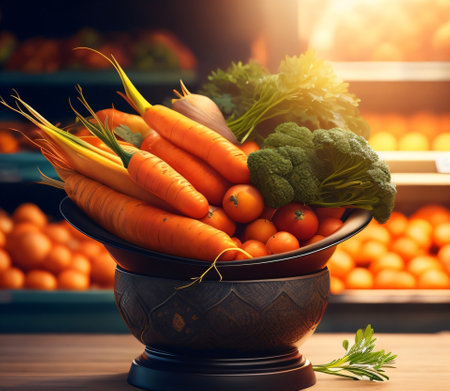 Bowl with fresh organic carrots on the counter in the supermarket.の素材