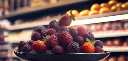 Fruits and berries in a bowl on a shelf in a supermarketの素材