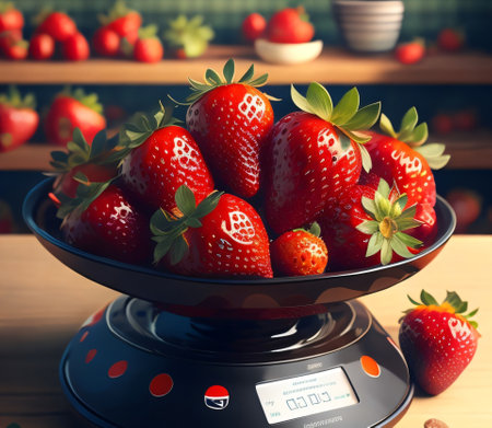 Strawberries in a bowl on a kitchen scale. 3d renderingの素材