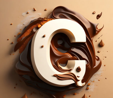 3d rendering of chocolate font with drops and splashes on cream background created with Generative AI technologyの素材