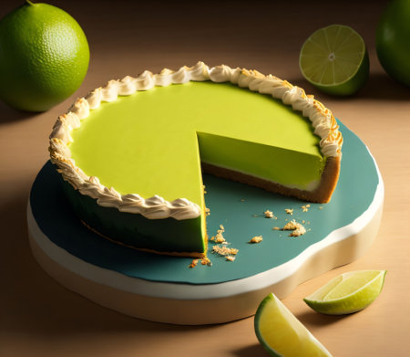 Lime cheesecake with lime slices on a blue cake stand on a wooden table,created with Generative AI technologyの素材