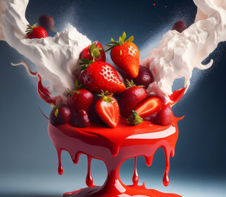 strawberry fruit splashing into a red fondue on a blue background created with Generative AI technologyの素材