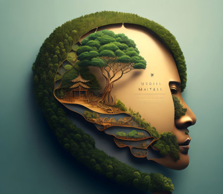 3D illustration of a human head with tree and landscape in the background,created with Generative AI technologyの素材