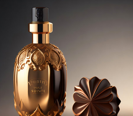 Closeup of the Perfume bottle on grey background,created with Generative AI technologyの素材