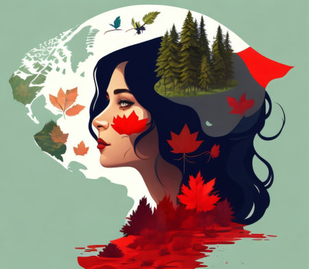 beautiful girl with red maple leaves in her hair. Vector illustration created with Generative AI technologyの素材
