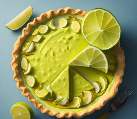 Lemon tart with lime slices on blue background, top view. Pie, created with Generative AI technologyの素材