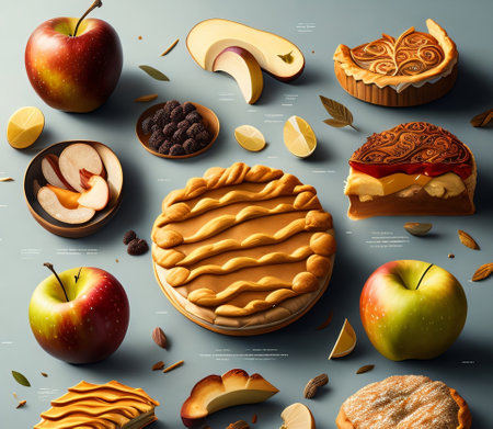 Fruit and berry pie collage, top view, 3d illustration created with Generative AI technologyの素材