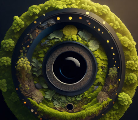 3d illustration of abstract green planet with round hole in the middle created with Generative AI technologyの素材
