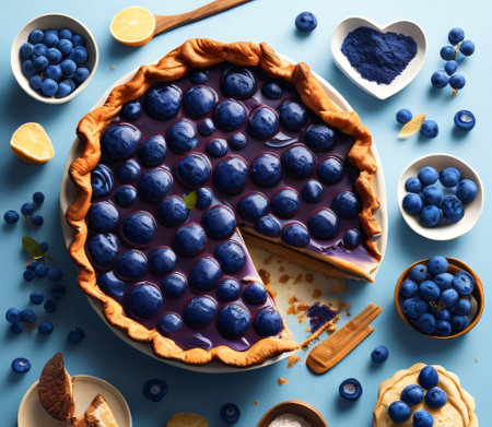 Composition with tasty blueberry pie on color background, top view,created with Generative AI technologyの素材
