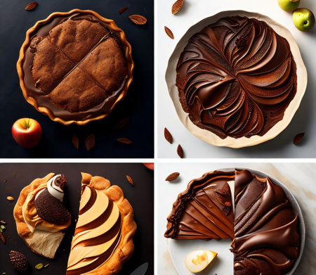 Collage of different types of chocolate cakes with apples, top viewの素材